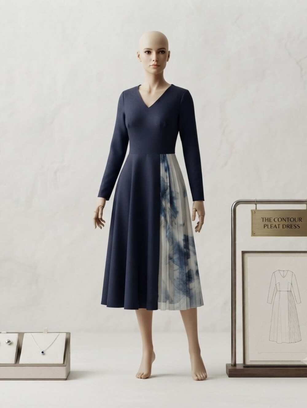 Contour Pleat V-Neck Midi Dress in Navy with Printed Panel